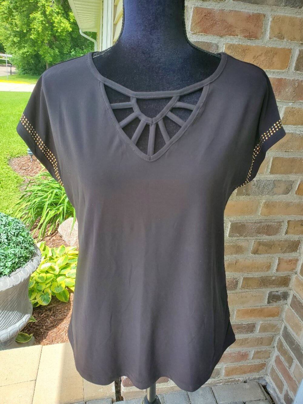 Diana Belle Black Top with Cutout Neckline & Gold Studs/Rhinestones - Size M